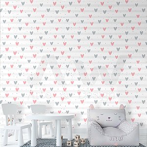 Papel de Parede - Corações cinza e rosa em fundo listrado