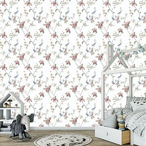 Papel de Parede - Galhos com flores rosas e pássaros azuis