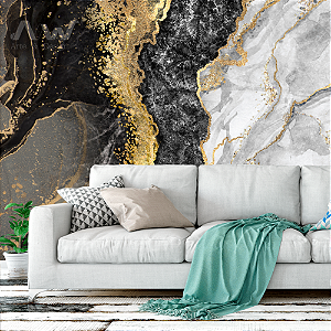 Papel de Parede - Mármore Preto com dourado e cinza