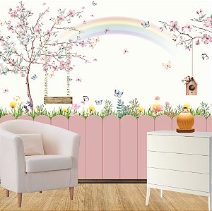 Papel de Parede - Jardim com cercado e árvore com balanço