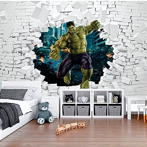 Papel de Parede - Incrível Hulk saindo da parede de tijolinho