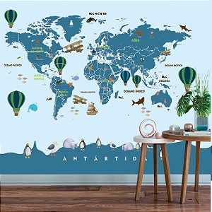 Papel de Parede - Mapa Mundi azul com animais e balões verdes