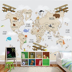 Papel de Parede - Mapa Mundi marrom com aviões