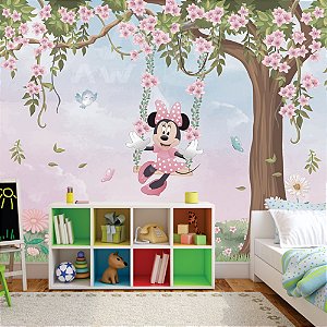 Papel de parede Adesivo - Minnie no balanço florido