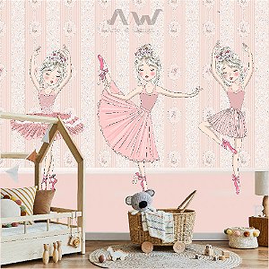 Papel de parede Adesivo - Bailarinas dançando no fundo listrado rosa