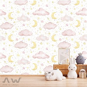 Papel de parede Adesivo - Nuvens rosas com estrelas e lua dourada