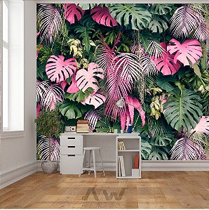 Papel de parede Adesivo - Folhagem verde e rosa