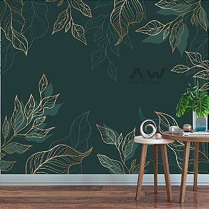 Papel de parede Adesivo - Folhagem dourada  com fundo verde