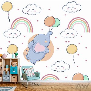 Papel de parede Adesivo - Elefante voando com balões no céu de nuvens com arco-íris