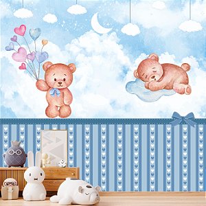 Papel de parede Adesivo - Ursinhos brincando e dormindo , abaixo ripado azul com corações