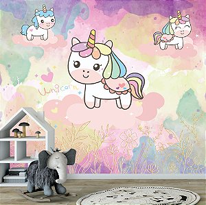 Papel de parede Adesivo - Unicórnios Coloridos Sobre as Nuvens com Flores Douradas
