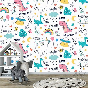 Papel de parede Adesivo - Unicornio arcoiris dinossauro disco voador