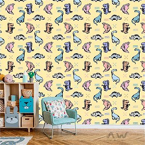 Papel de Parede Adesivo -  Dinossauros Fundo Amarelo