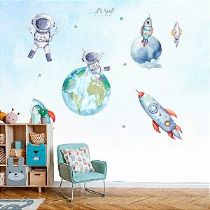 Papel de Parede Adesivo - Astronauta com Planetas e Foguete