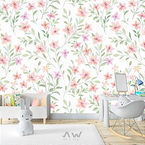 Papel de Parede Adesivo - Ramos de Flores Rosas e Lilás