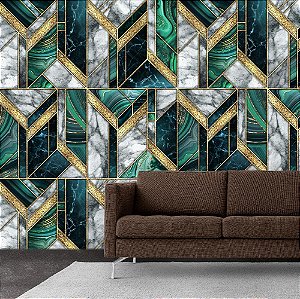 Papel de Parede Adesivo - Marmore Detalhes Esmeralda e Ouro