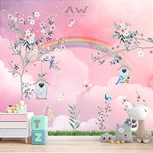 Papel de Parede Adesivo - Cerejeira, Nuvens e Arco-iris