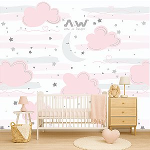 Papel de Parede Adesivo - Ceu de Estrelas e Nuvens Rosas