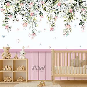 Papel de Parede Adesivo - Floral Suspenso de Rosa