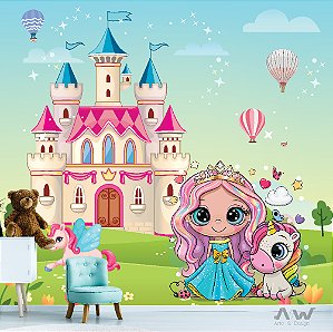 Papel de Parede Adesivo - Princesa com unicórnio e castelo