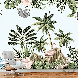Papel de Parede Adesivo - Folhagem com Flamingo