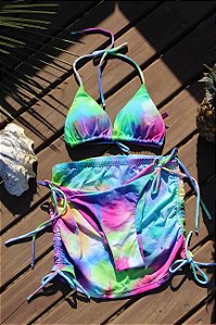 TOP CORTININHA  CALÇINHA LACINHO E SAIA DRAPIADA  TIE-DYE 3 PEÇAS