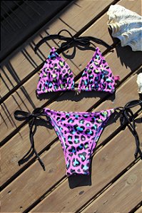 BIQUINI TOP CORTININHA CALCINHA  LACINHO ONÇA ROSA