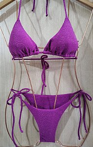 BIQUINI TOP CORTININHA CALCINHA  LACINHO ROXO LUREX