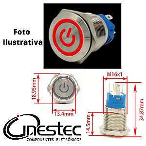 CHAVE BOTAO ANTIVANDALISMO 16mm LED COM TRAVA - NA - 5V - INOX  VERMELHO