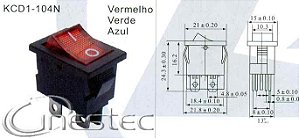 CHAVE GANGORRA PEQUENO 4T 2P 6A X 250V AZUL COM LUZ  KCD1-104N