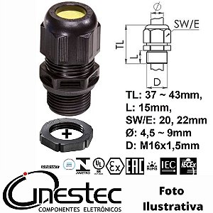 PRENSA CABO COM CONTRA PORCA EX PA6 M16x1,5 - PRETO