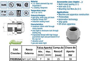 PRENSA CABO COM CONTRA PORCA S-TEC PA6 PRETO EXE NPT 3/4