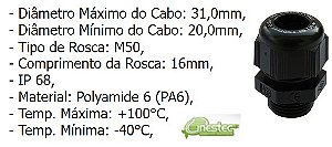 PRENSA CABO EX PA6 M50 X 1,5 - ROSCA CURTA - ANEL DE VEDACAO