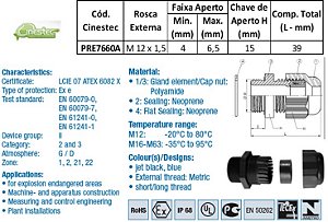 PRENSA CABO S-TEC ATEX EM PA 6 M12 X 1,5 - CORPO COM ANEL DE VED