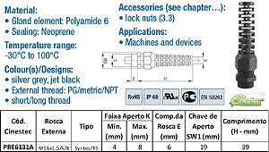 PRENSA CABO SYNTEC PA6 - COM RABICHO, ROSCA CURTA - PR - M 16 X 1,5