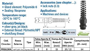 PRENSA CABO SYNTEC PA6 - COM RABICHO, ROSCA CURTA - PR - NPT 3/8