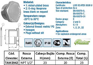 TAMPAO REDONDO HEXAGONAL LATAO NIQ  NPT 1/2