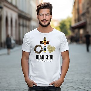 Camisetas personalizadas com imagem "João 3:16" com impressão de alta qualidade nos tamanhos P, M, G, GG e XG