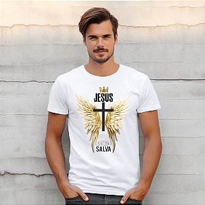 Camisetas personalizadas com imagem "Jesus Salva" com impressão de alta qualidade nos tamanhos P, M, G, GG e XG