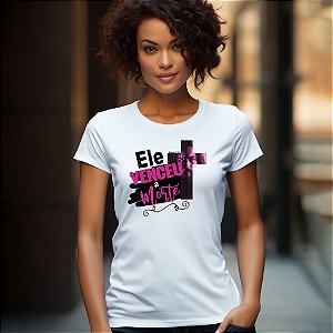 Camisetas personalizadas com imagem "Ele Venceu A Morte" com impressão de alta qualidade nos tamanhos P, M, G, GG e XG