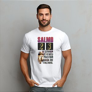Camisetas personalizadas com imagem "Salmo 23" com impressão de alta qualidade nos tamanhos P, M, G, GG e XG