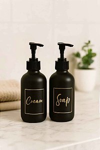 Kit com Porta Creme e Porta Sabonete em Vidro Fosco com Pump Preto – 250ml Funcional para Banheiro