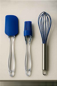 Kit Utensílios de Cozinha em Silicone Azul – Fuê  + Espátula Acrílica + Pincel de Silicone