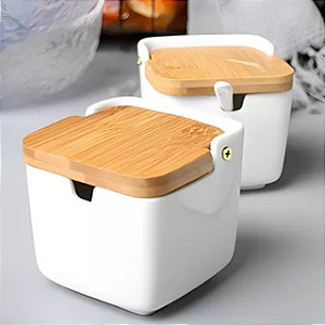 Porta Condimentos Temperos Saleiro em Porcelana Com Tampa De Bambu