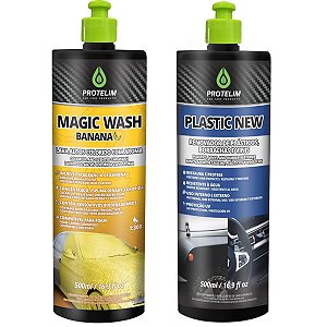 Magic Wash Banana Lava Auto Neutro Concentrado + Plastic New Renovador Plásticos Borrachas