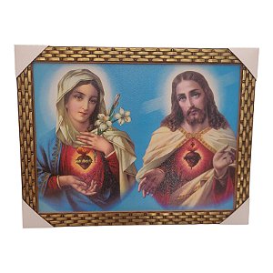Quadro Decorativo Sagrado Coração De Jesus e Maria Azul 35x45cm