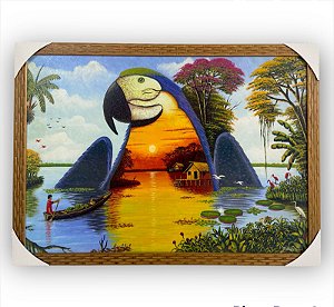 Quadro Decorativo Exclusivo Arara Azul Paisagem Rio 50x70Cm