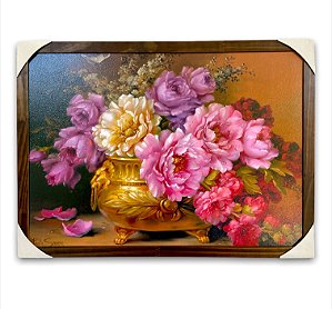 Quadro Decorativo Flores No Vaso de Ouro Moldurado 50x70cm