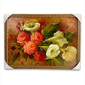 Quadro Decorativo Flor Rosa e Copos de Leite Moldurado 50x70
