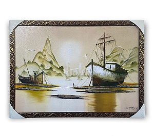 Quadro Decorativo Barcos de Pesca Paisagem 50x70 Moldurado